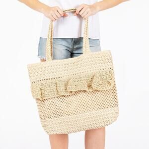 Tan Woven Straw Tote Bag With Ruffle Detail